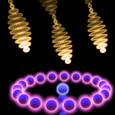 An artist’s impression of a ring of interacting absorbers tuned correctly to absorb light particles (photons) at much faster rate than any one absorber alone.(c) 2014 Simon Benjamin 