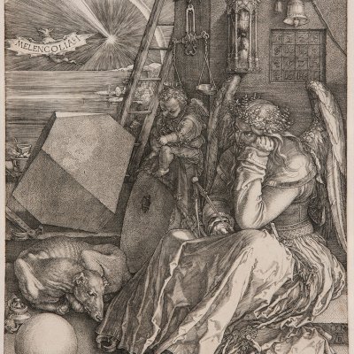 Albrecht Dürer (1471–1528)  Born 1471 Nuremberg, Germany. Lived and worked Nuremberg and Venice, Italy. Died 1528 Nuremberg.  Melencolia I 1514  engraving on paper  image 23.8 x 18.6 cm  sheet 24.1 x 18.7 cm  Art Gallery of South Australia, Adelaide. Morgan Thomas Bequest Fund 1962.