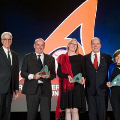 Prince Albert II of Monaco (second from right), with, from left, host Ted Danson and award-winners Professor Ove Hoegh-Guldberg, Mrs Caroline Pollock and Dr Sylvia Earle. 