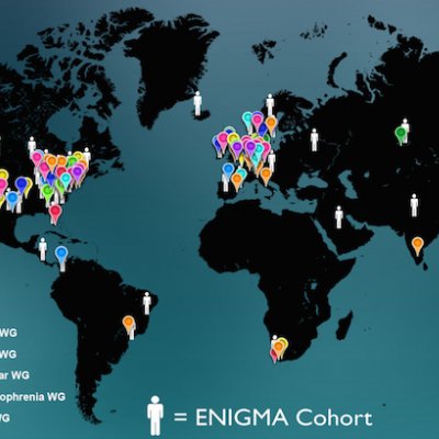 This map shows the wide-spread contribution to the ENIGMA consortium, and involves neuroimaging and genetic information from both normal populations and cohorts with a variety of disorders.