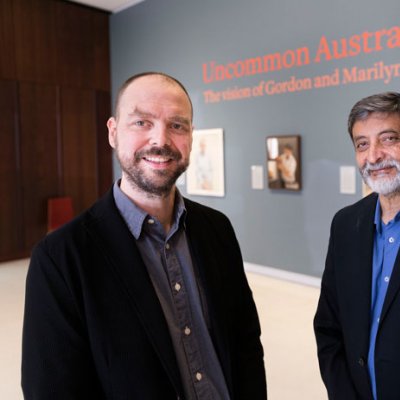 Artist Sam Leach with University of Queensland scientist Professor Mandyam Srinivasan.