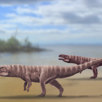 An illustration of an ancient landscape with walking crocodiles.