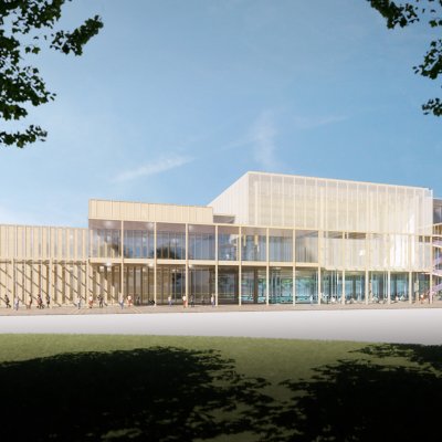 An artist's impression of a rectangular, cream building. 