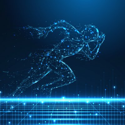 A sillouette of a runner with a blue background