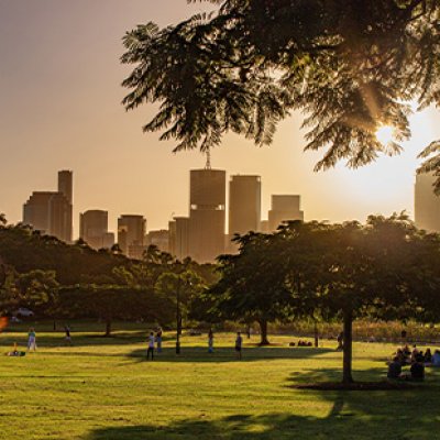 People in New Farm Park in the late afternoon sun with the Brisbane urban skyline in the background.