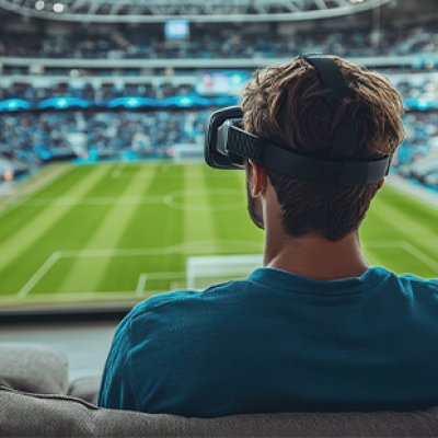 A man sitting on his couch wearing virtual reality goggles. He appears to be viewing a sports event from inside the stadium.