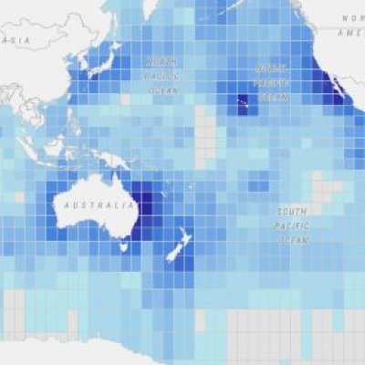 a map of the world with the ocean covered in a grid of blue squares