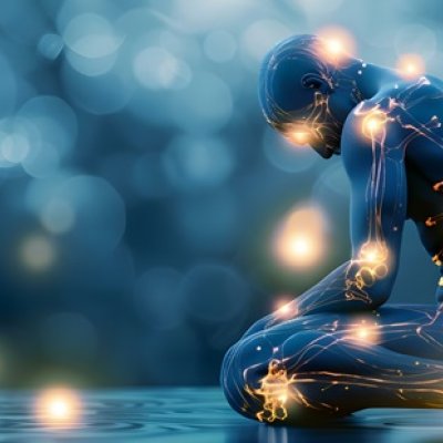 Graphic depicton of a person with fibromyalgia experiencing widespread pain and fatigue depicted as glowing points.