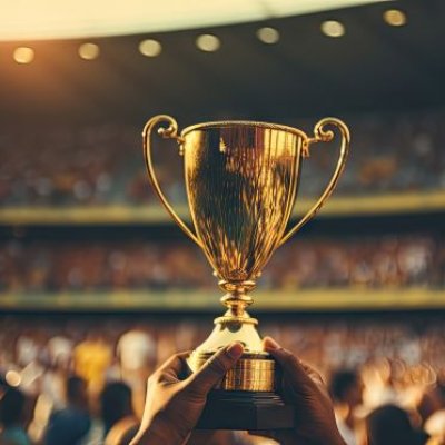 A gold trophy being help un in a stadium. 