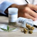 Doctors handwriting a prescription with dried medicinal cannabis.