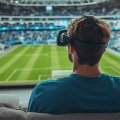 A man sitting on his couch wearing virtual reality goggles. He appears to be viewing a sports event from inside the stadium.