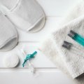 Single use. white slippers, hand towels and mini shampoo bottles.
