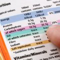 close up of a list of food components and figures with a finger pointing to some