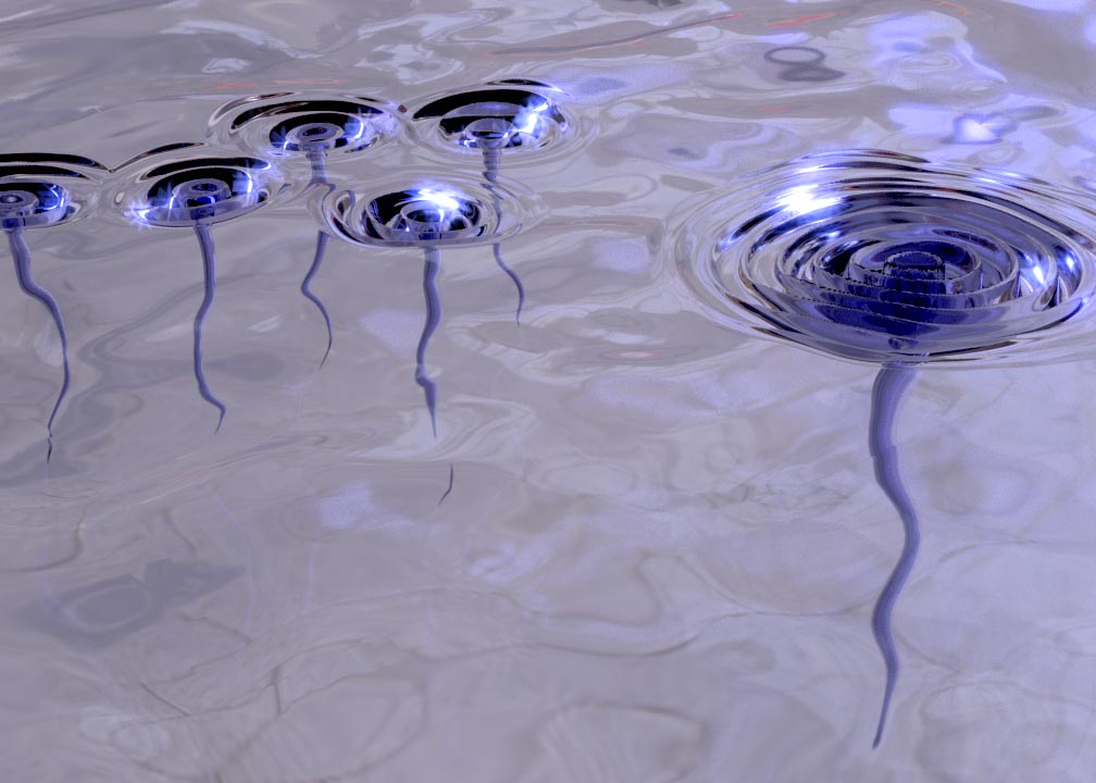 Artists' impression of quantum vortices in a liquid. These are the quantum equivalent of vortices in water or a tornado. Their interactions cause dynamics analogous to that of a cyclone. Image: Christopher Baker