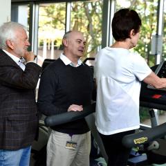 An image of Denise Spensley walking on a treadmill under the supervision of Emeritus Professor Perry Bartlett (and Dr Daniel Blackmore.