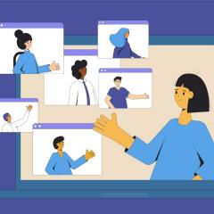 Illustration of an online video conference with a diverse group of professionals.