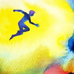 graphic of a blue coloured person leaping through yellow air