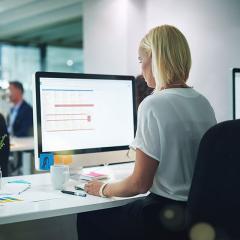 Office workers at their desk looking at computer monitor