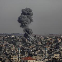 Smoke billowing from a building after an explosion. Image: Mohammed Saber/EPA