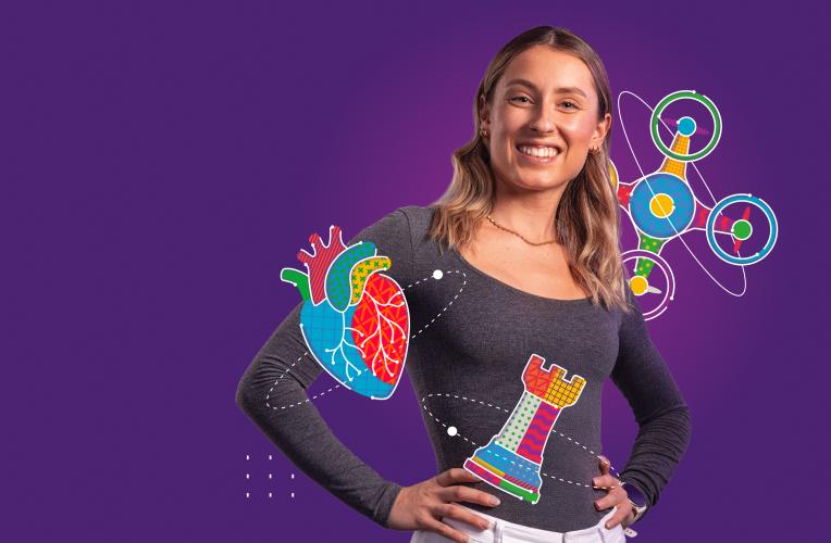 Student featured with graphics of a heart, chess piece and drone.
