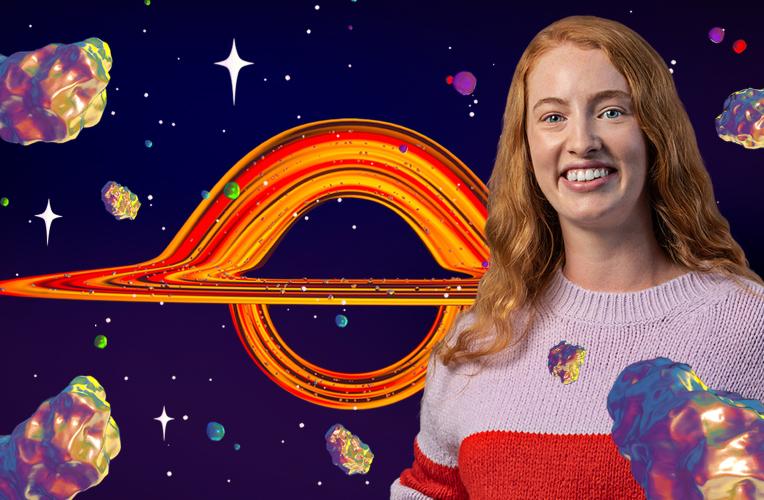 Science student Emerald smiles against an illustrated background depicting a starry sky, dotted with asteroids around a planet.