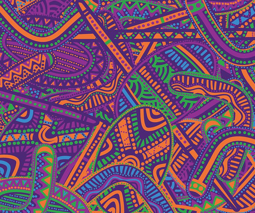 Indigenous artists' painting of the Brisbane river and Indigenous tools