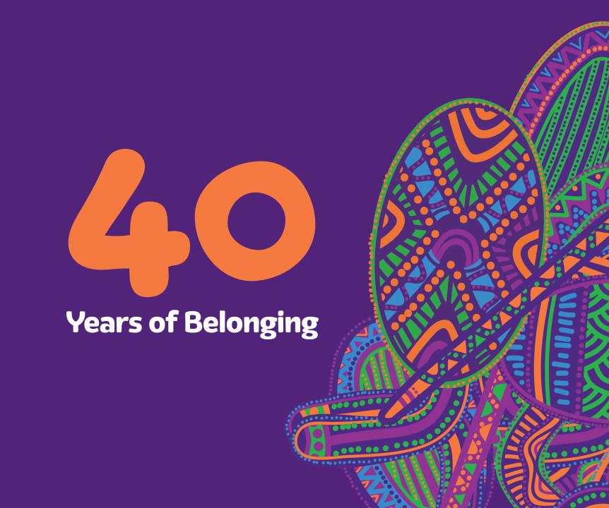 Colourful artwork featuring the Brisbane river and various Indigenous tools, with text overlaid saying '40 Years of Belonging'.