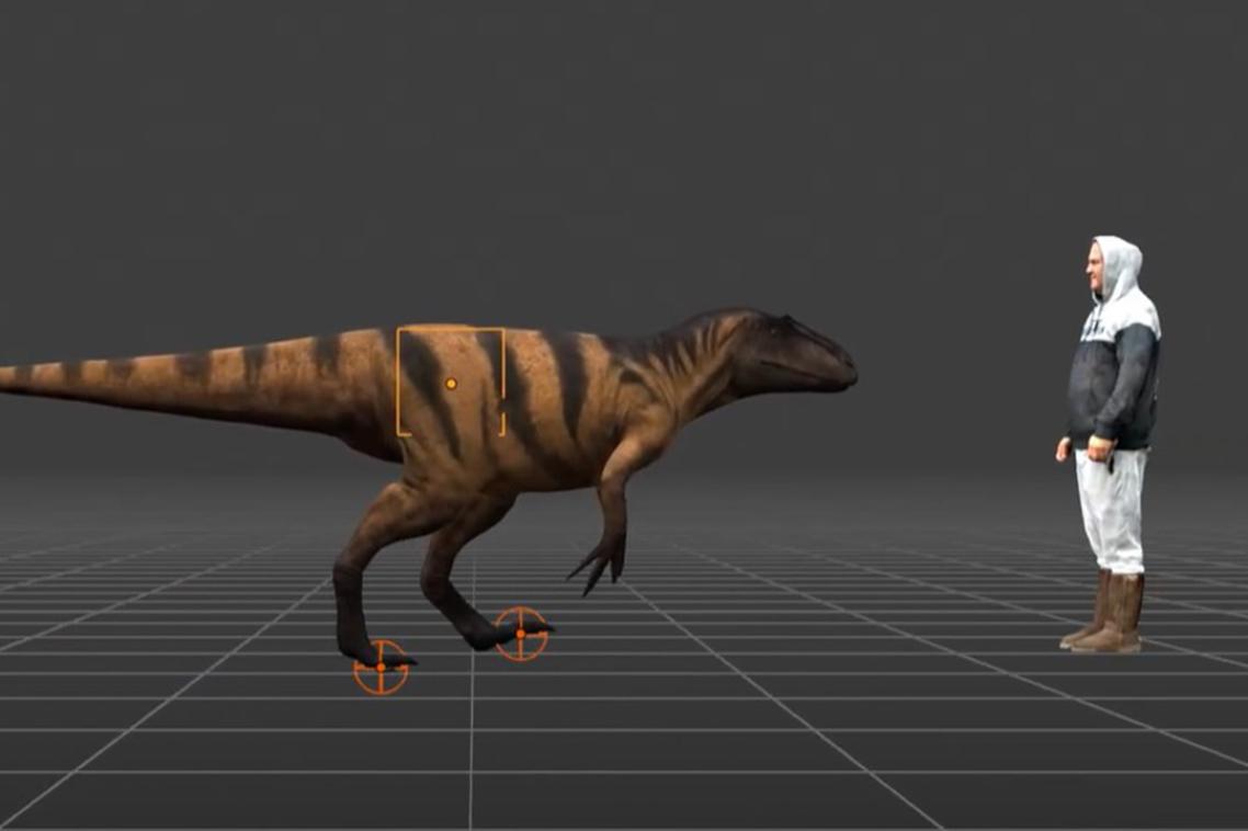 3D mock up of a dinosaur standing next to a human