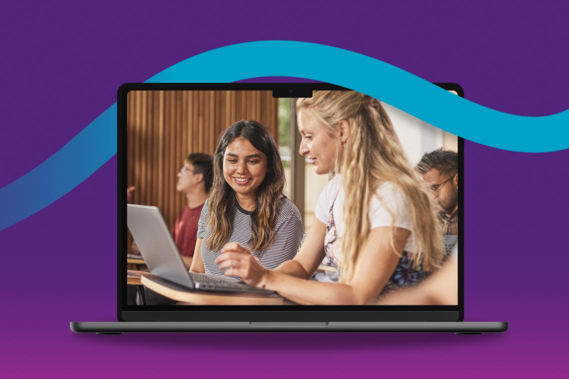 Laptop graphic showing 2 students studying on a laptop.